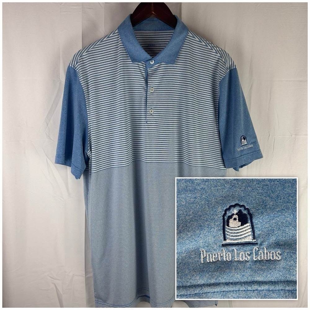 Johnnie O Golf Polo Size Large Blue Striped Puerto Los Cabos Performance Shirt